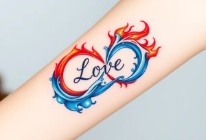 A fire and water-themed infinity symbol, with "Love" written where the two elements meet—flames in deep red and blue waves blending seamlessly tattoo idea