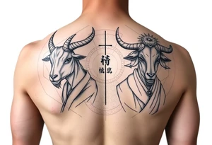 Feminine goat and ox dressed up as geisha warriors tattoo idea