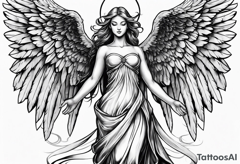 standing angel with low wings tattoo idea