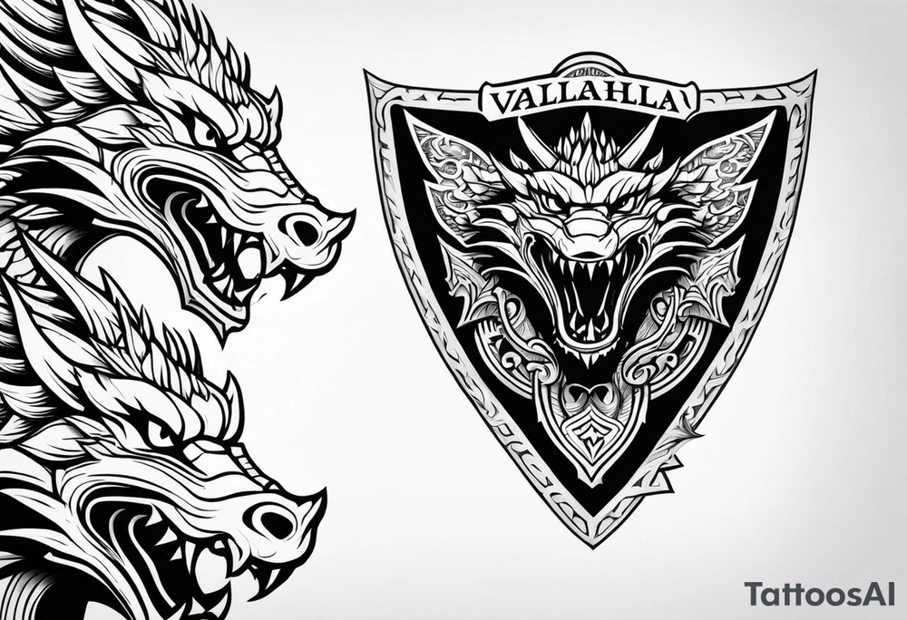 Valhalla sword shield dragon head tattoo idea