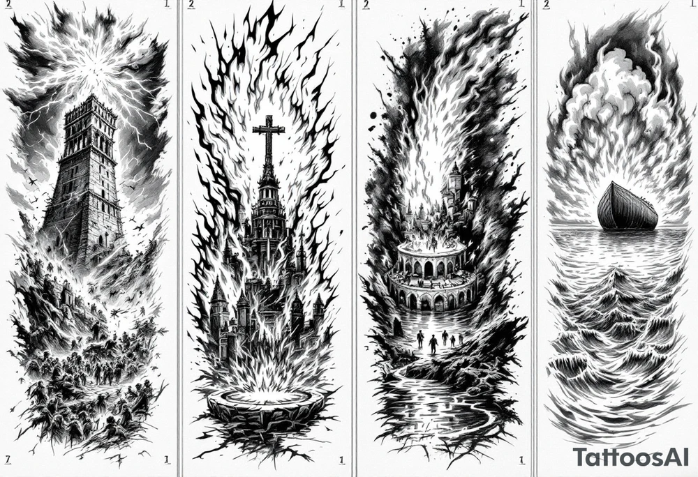in order.
1. A crumbling tower struck by lightning, with people scattering in chaos.
2. Fire raining down from heaven on a burning city, with smoke rising.
3. A blazing altar with fire falling from heaven
 4. Floodwaters overtaking the earth, with an ark in the distance. tattoo idea
