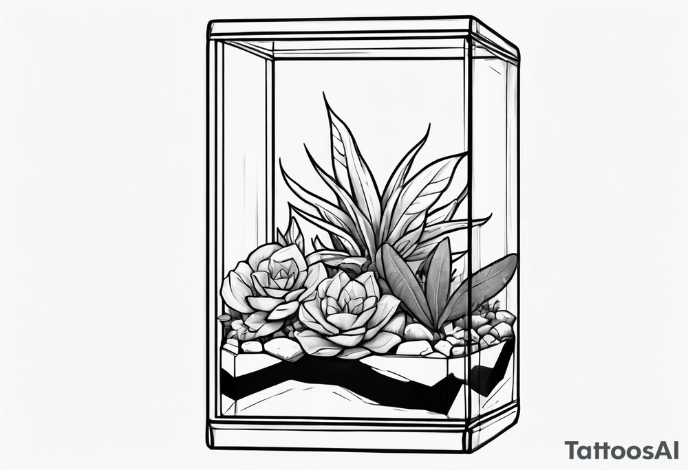A terrarium in the shape of a cuboid with a single plant inside it. tattoo idea