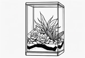 A terrarium in the shape of a cuboid with a single plant inside it. tattoo idea