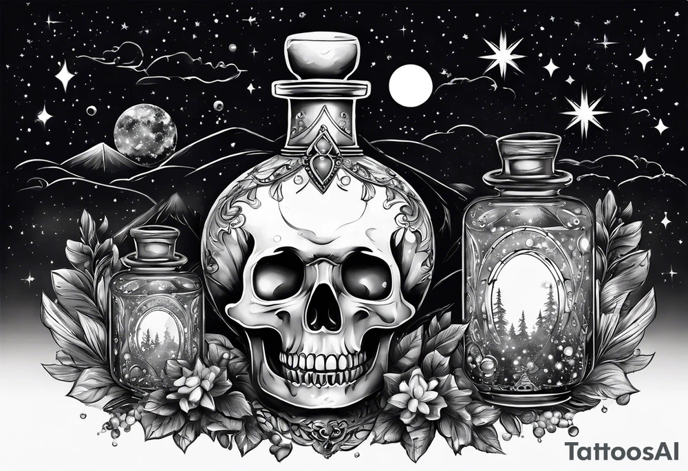 A potion bottle with crystals inside the bottle. The back of the night sky tattoo idea