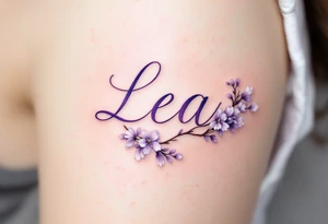 Lea name written in elegant script, surrounded by delicate lilac vines with small white blossoms. tattoo idea