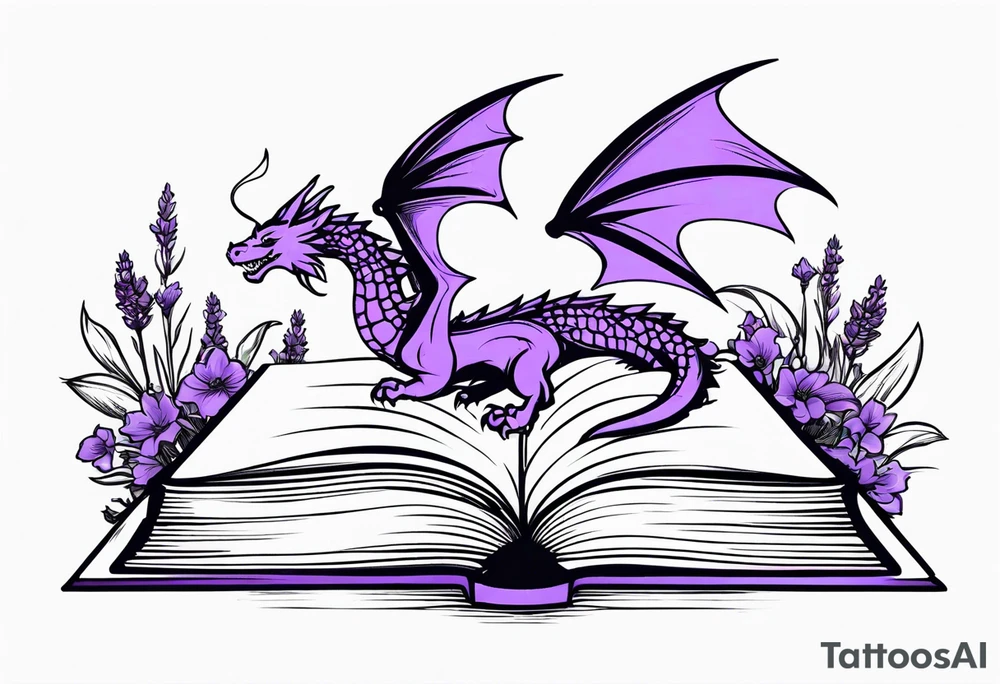 an open book. a small flying dragon. One pawn chess piece. a cluster of lavender flowers under book tattoo idea