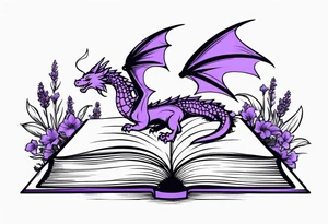 an open book. a small flying dragon. One pawn chess piece. a cluster of lavender flowers under book tattoo idea
