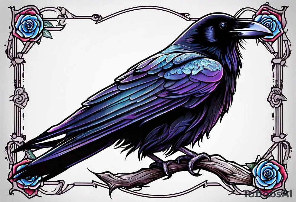 Raven looking back over shoulder with a rose underneath it tattoo idea