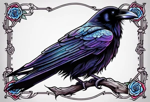 Raven looking back over shoulder with a rose underneath it tattoo idea