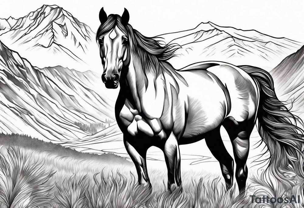 Wild horse, mountain background, feather tattoo idea