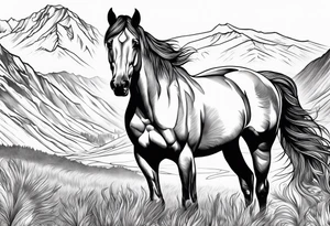 Wild horse, mountain background, feather tattoo idea