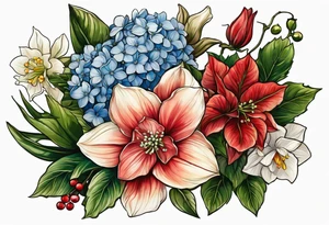 Hydrangea, Narcissus, Poinsettia, Holly, Gladiolus, Poppy, Daisy, Sweet Pea floral bouquet tattoo idea