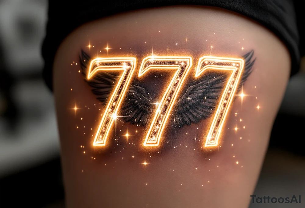 A bold, glowing "777" in a sleek, modern font in gold and silver light. The numbers are surrounded by celestial elements like tiny twinkling stars, a faint halo, and soft angelic wings, symbolizing divine guidance and good fortune. tattoo idea