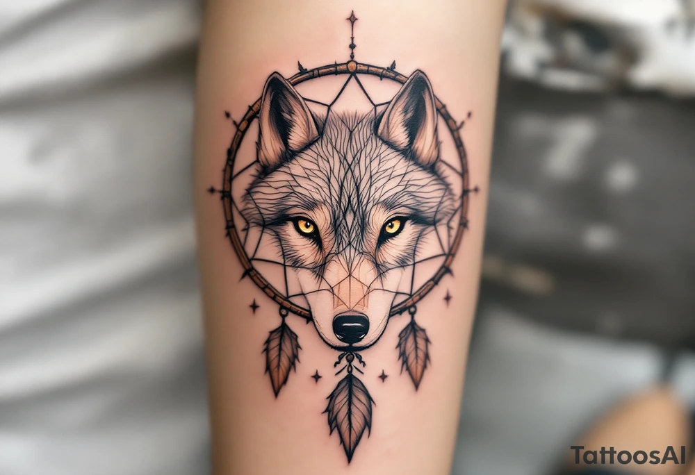 The tattoo focuses on a pair of piercing wolf eyes within the center of a dreamcatcher, with the intricate web of the dreamcatcher surrounding them. The eyes are intensely detailed, representing intuition and connection. Warm amber or golden yellows for the eyes, soft greys for the wolf’s face, and earthy tones like brown and beige for the dreamcatcher. tattoo idea
