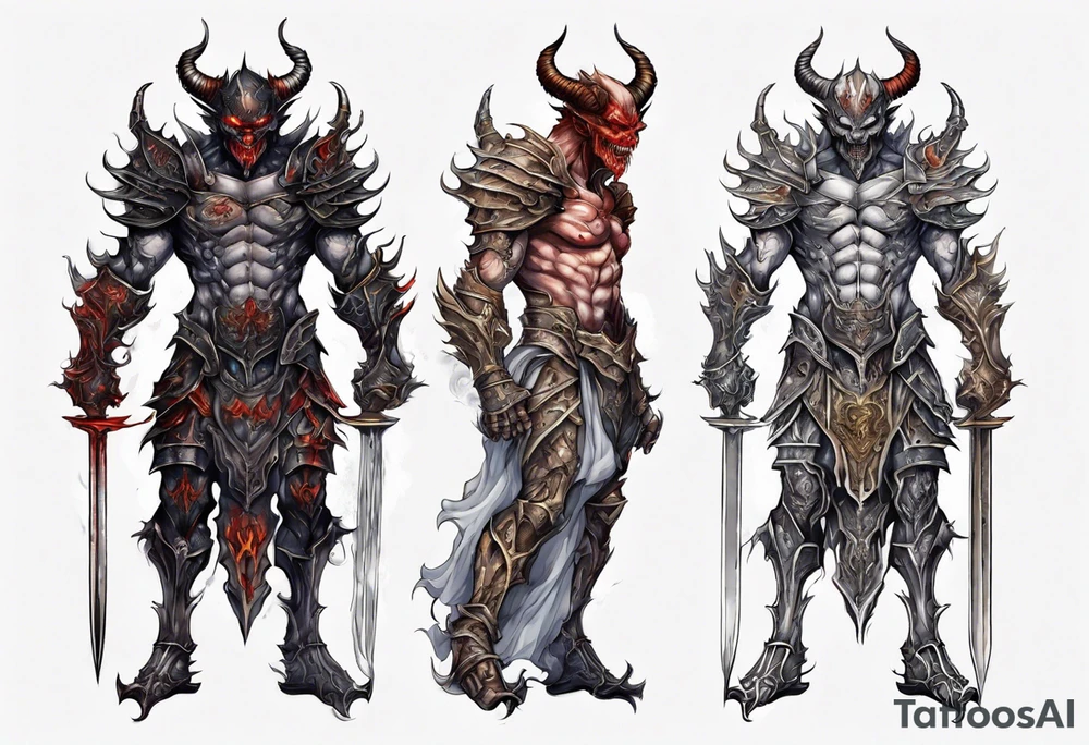 Demon in tiered thin plate armor tattoo idea