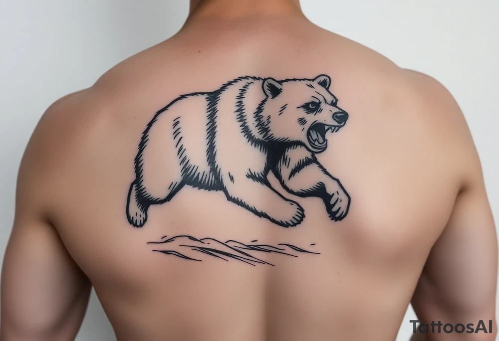 Strong running mother bear in a snowstorm. In calligraphic style tattoo idea