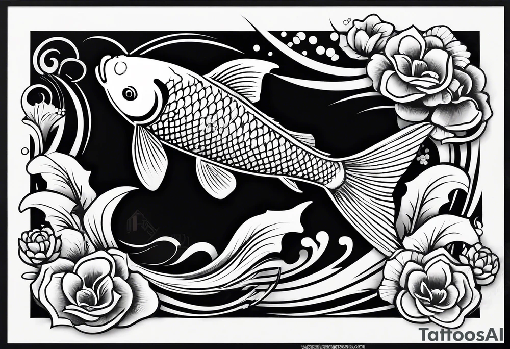 koi fish in pond on white background, black and white, intricate Polynesian tattoo, for laser engraving tattoo idea