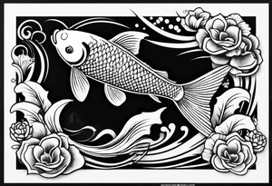 koi fish in pond on white background, black and white, intricate Polynesian tattoo, for laser engraving tattoo idea