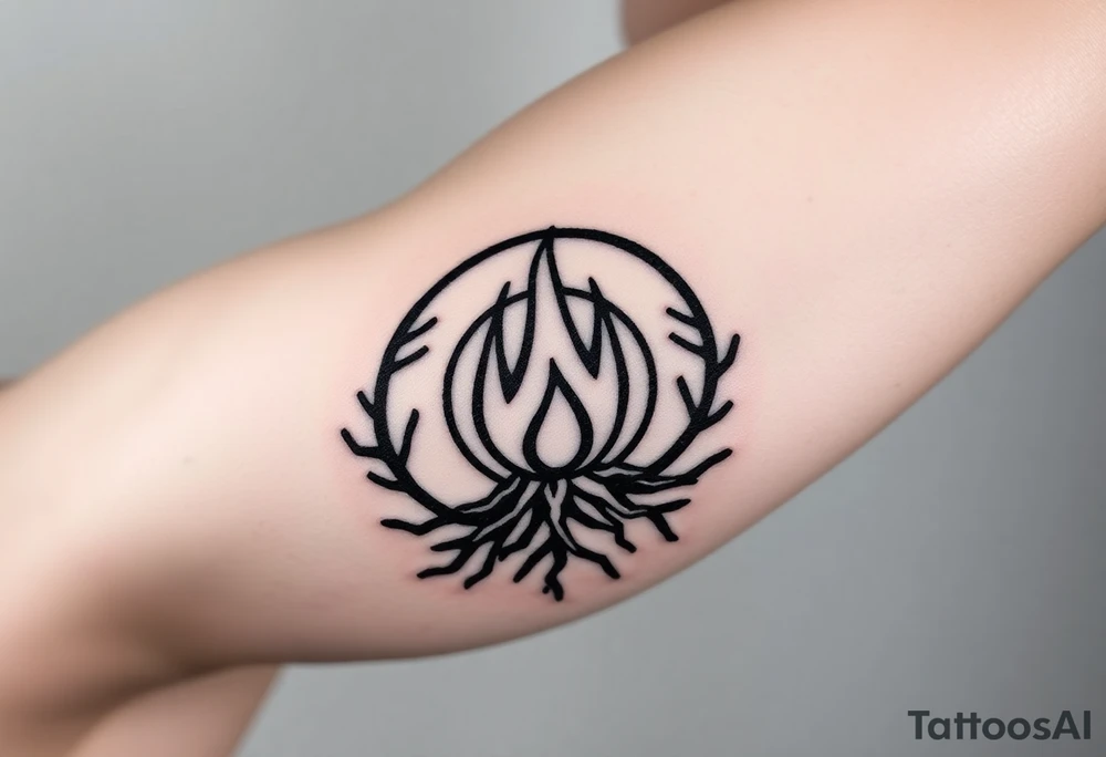 a round flame imprisoned in a roots circle tattoo idea