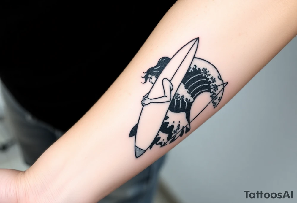New school geometrical concept tattoo with the girl holding surfboard in a vertical position her face is turned 60 degrees to out side, the bottom part of a body is showed, on the right side of a tattoo is the realistic wave closed in a frame. And the bottom of a taro is a palenesiab sun. Link the objects based on new school geometry tattoos. tattoo idea