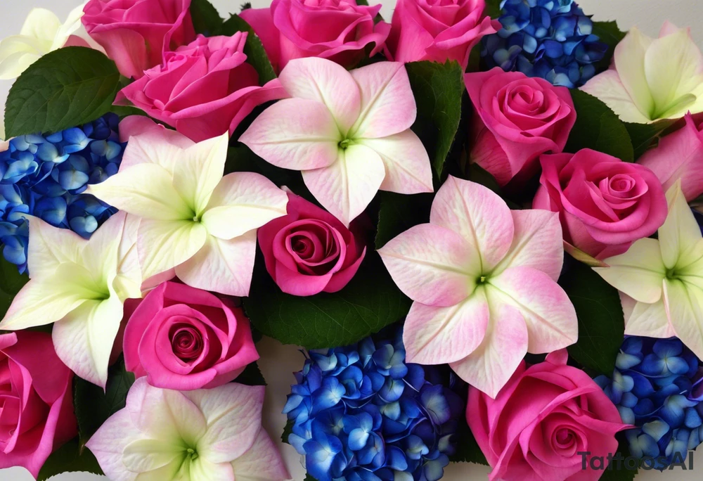 based on my wedding flowers for my wrist:Light pink hydrangea petals, white hydrangea petals, deep blue hydrangea petals, hot pink hydrangea petals, baby pink roses, hot pink roses, light pink stargazer lilies. With some purpley/bluey delphinium petals and tiny white and light pink flowers. With leaves weaving between them all and festoon and fairy lights around the outside, giving the flowers a glow. tattoo idea