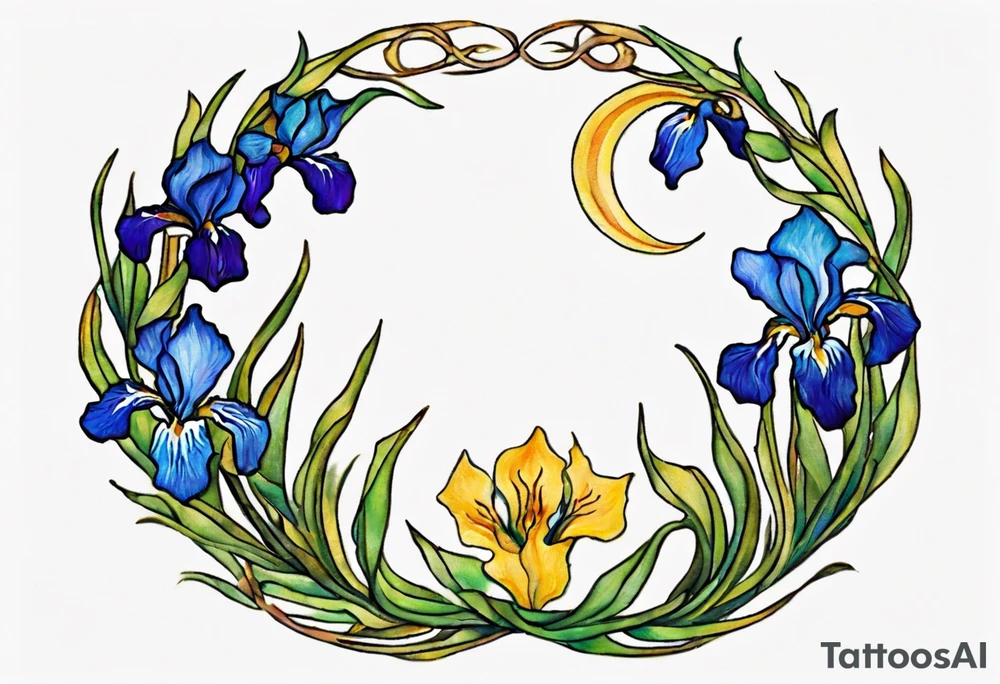 Create a small, colorful Vincent van Gogh Irises tattoo in the form of a crescent, with vines gracefully intertwining at a central point in the middle of the wreath. The intended placement is on the upper chest. The middle needs mountains. The overall design should be small in size while maintaining a delicate and artistic aesthetic. Pay attention to the graceful flow of the vines and the placement of the irises to achieve a refined and elegant look. tattoo idea