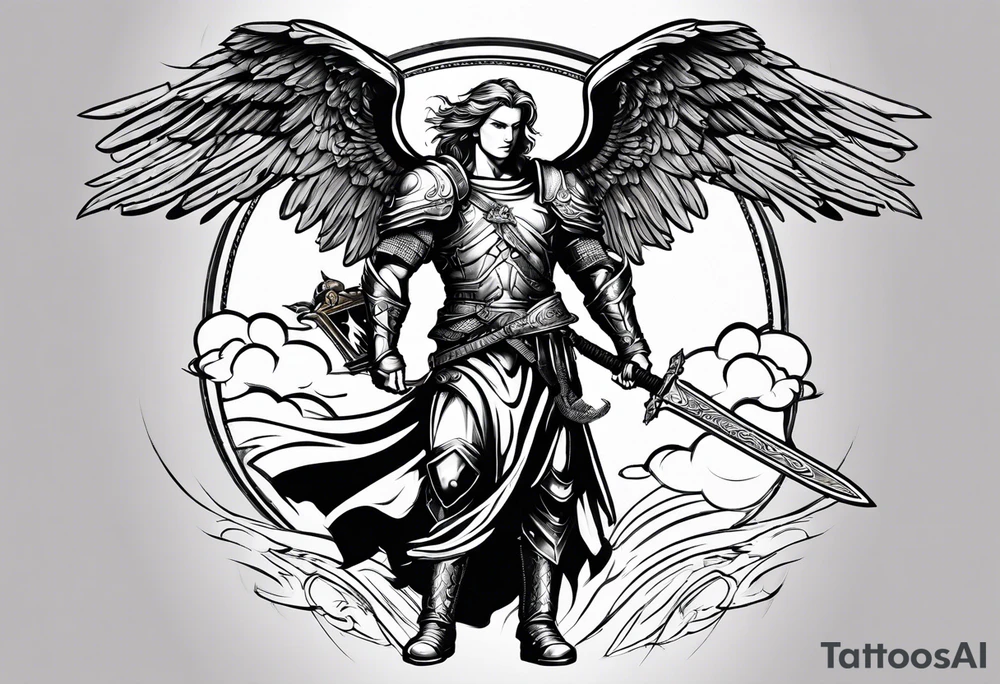 Michael the Archangel holding sword with clouds and lightning in background. tattoo idea