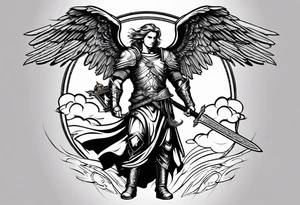 Michael the Archangel holding sword with clouds and lightning in background. tattoo idea