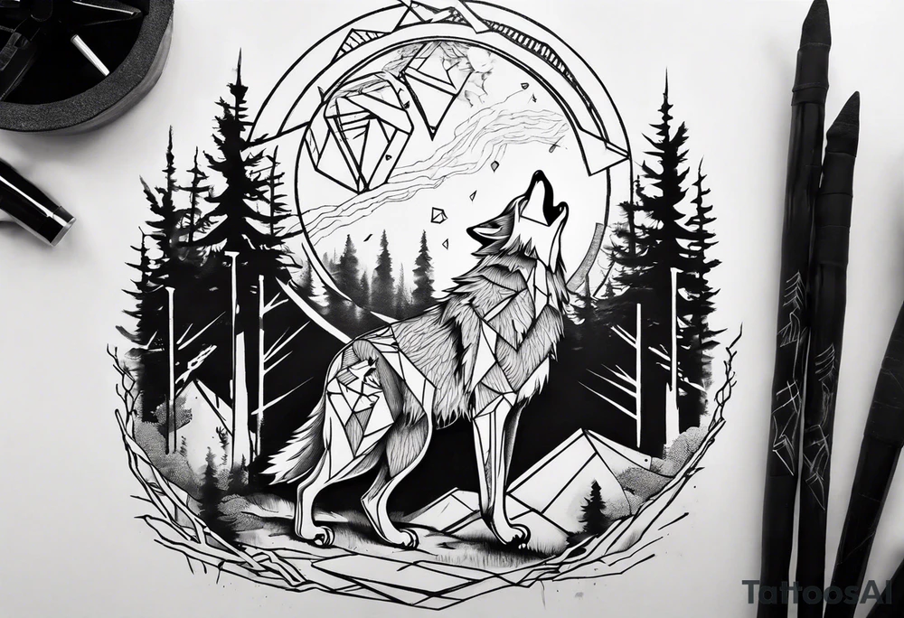 lightning over forest with wolf howling on drum tattoo idea lightning over forest with wolf howling on drum tattoo idea