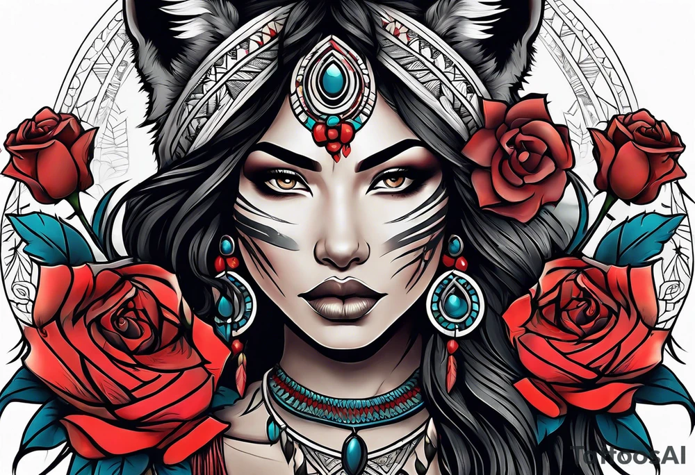 Native American woman wrapped in roses with a wolf tattoo idea