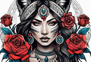 Native American woman wrapped in roses with a wolf tattoo idea