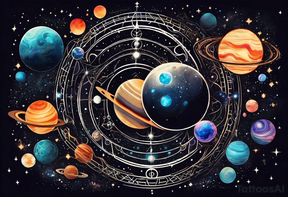A tattoo featuring a cosmic scene with planets, black holes, and supernovae intertwined with intricate linguistic symbols, reflecting the client's interests in cosmology and linguistics. tattoo idea