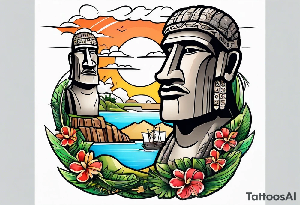 Upper arm piece of Easter island heads with an island landscape and hawk circling above tattoo idea