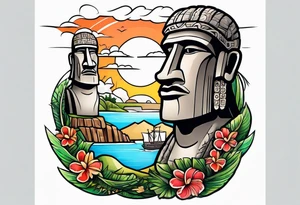 Upper arm piece of Easter island heads with an island landscape and hawk circling above tattoo idea