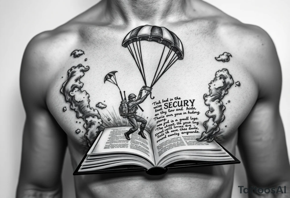 A parachuting soldier landing into an open book. Chaos surrounding, but a sense of security inside the book. On the chest. book contains a quote tattoo idea