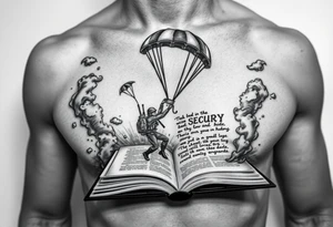 A parachuting soldier landing into an open book. Chaos surrounding, but a sense of security inside the book. On the chest. book contains a quote tattoo idea