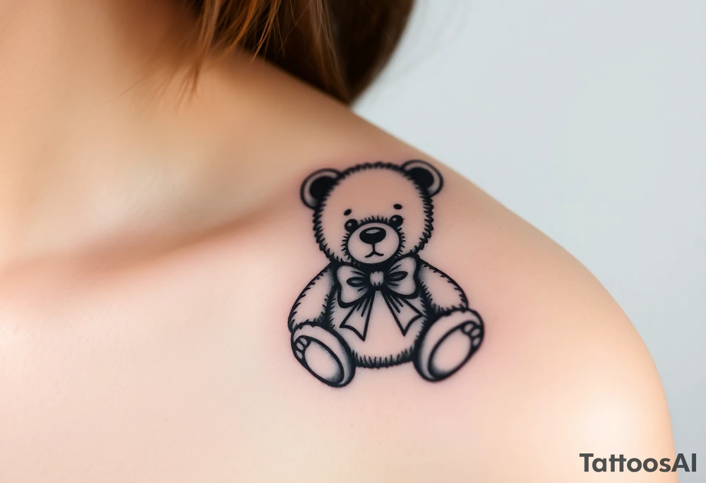 realistic teddy bear with a bow around its neck tattoo idea