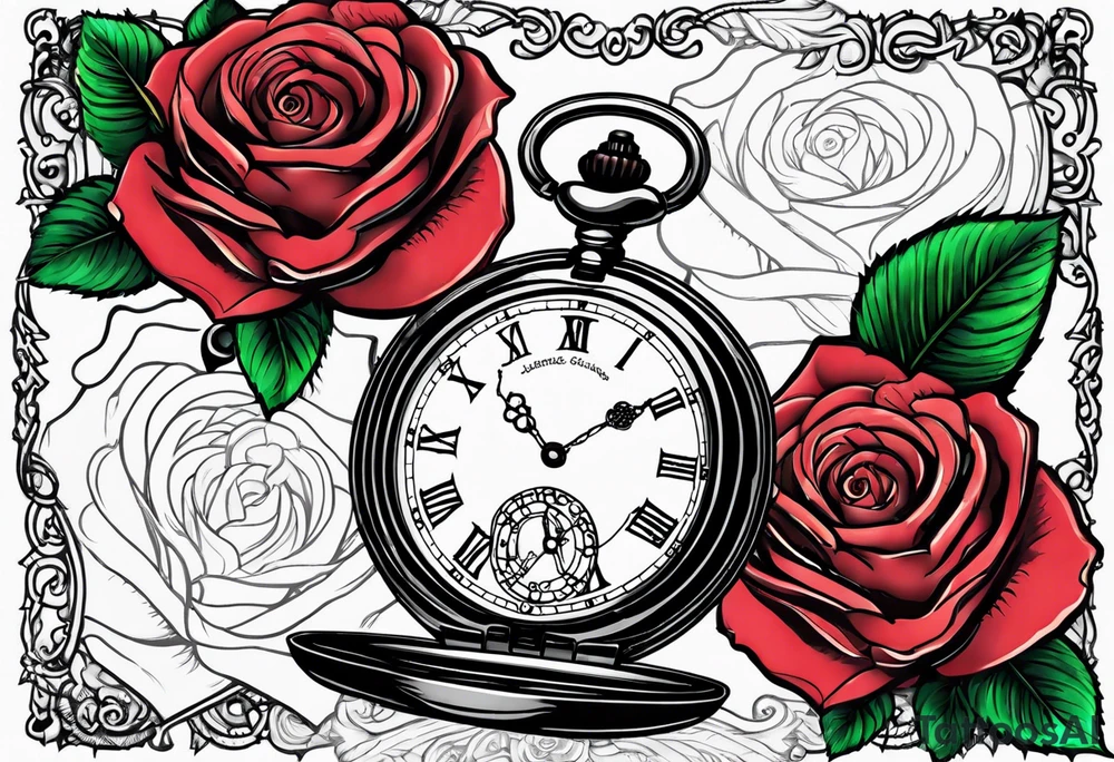 Pocket watch with chain and roses tattoo idea