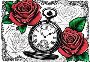 Pocket watch with chain and roses tattoo idea