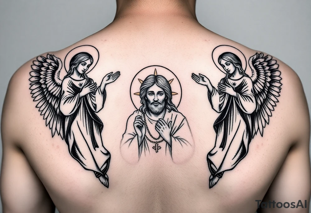 russian orthodox symmetrical guardian angel icon on left and right side of back with both angels holding up a jesus potrait tattoo idea