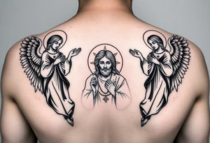 russian orthodox symmetrical guardian angel icon on left and right side of back with both angels holding up a jesus potrait tattoo idea