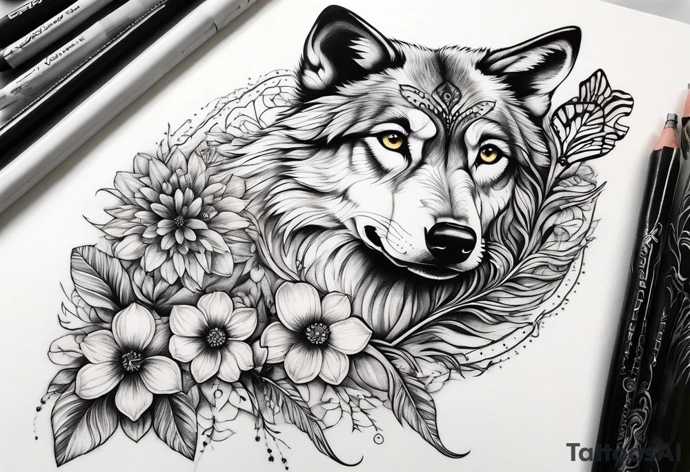 Wolf puppy, peacock feather, butterfly, narcissus flower tattoo idea