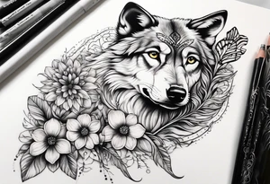 Wolf puppy, peacock feather, butterfly, narcissus flower tattoo idea