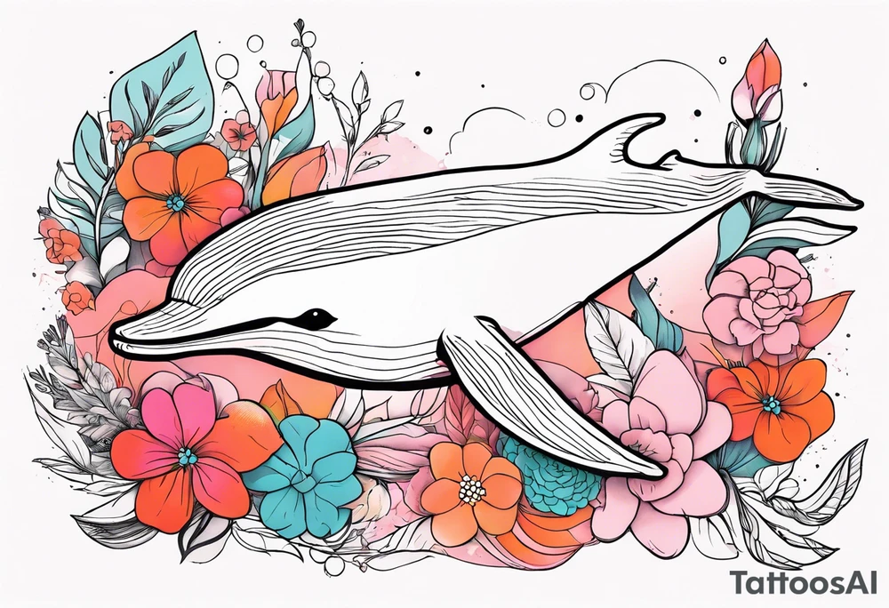 Small whale, hummingbird, face, flowers, bold color, collage, pink, orange, red tattoo idea