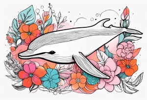 Small whale, hummingbird, face, flowers, bold color, collage, pink, orange, red tattoo idea