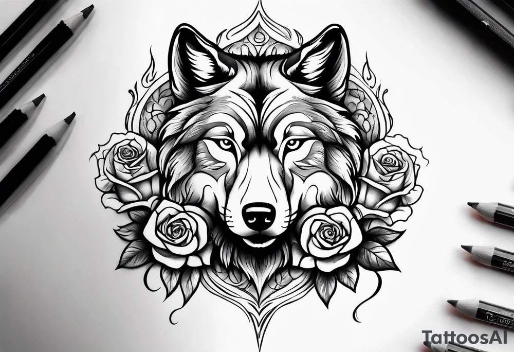 Rose with flames out of the top morphing into a wolf tattoo idea