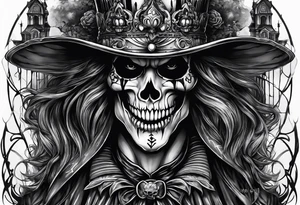 Gothic skull clown with haunted house tattoo idea