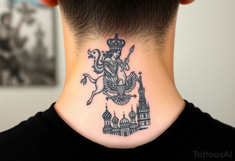 St. George slaying the dragon (hugely common in Russian Orthodox art)
Russian imperial crown above the eagle
Crossed swords or a Russian sabre
The Kremlin or St. Basil's Cathedral scene tattoo idea