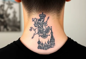 St. George slaying the dragon (hugely common in Russian Orthodox art)
Russian imperial crown above the eagle
Crossed swords or a Russian sabre
The Kremlin or St. Basil's Cathedral scene tattoo idea