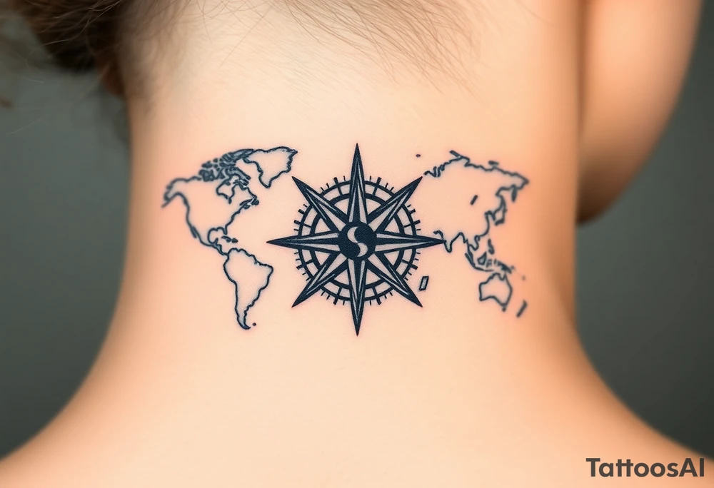 antique compass rose overlaid on weathered world map with sailing ships tattoo idea